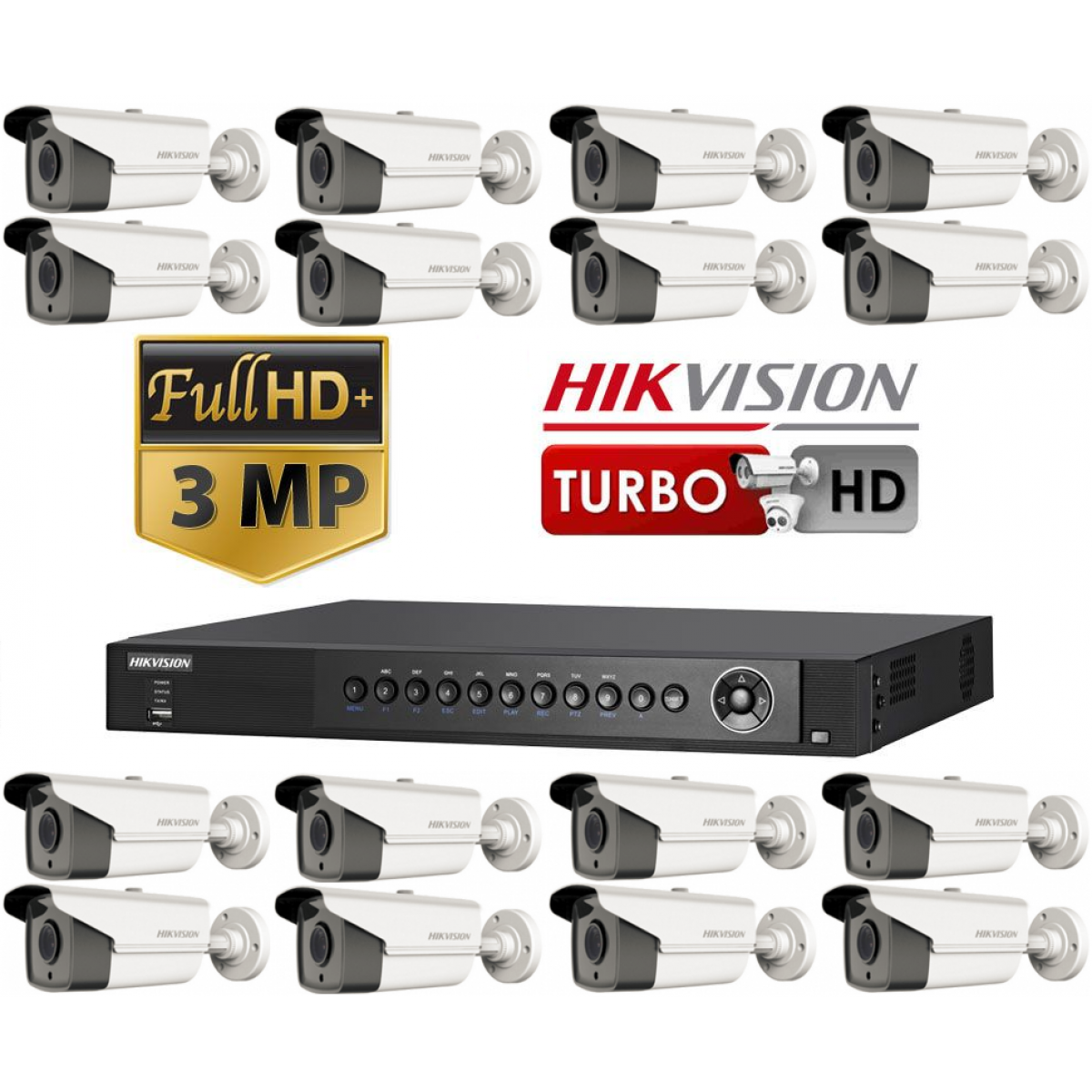 Kit DVR + 16 camere supraveghere video 3 Megapixeli Hikvision TurboHd IR40m