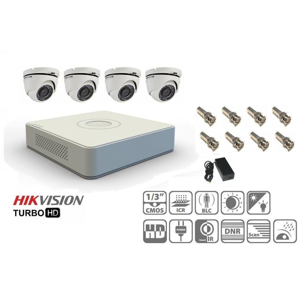 Kit DVR + 4 camere supraveghere video dome Hikvision 2 Megapixeli TurboHd