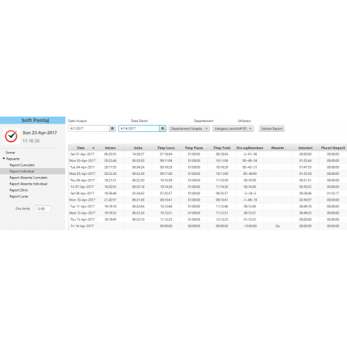 Software Pontaj Romana - export in PPT, Excel, PDF, pe Email - suporta Schimb de Noapte - Timp Lucru + Timp Pauza = Timp Total, Ore Suplimentare, Ore Lipsa, Intarzieri, Plecari mai Devreme, Rapoarte Individuale, Cumulative, Zilnice, Periodice, Lunare
