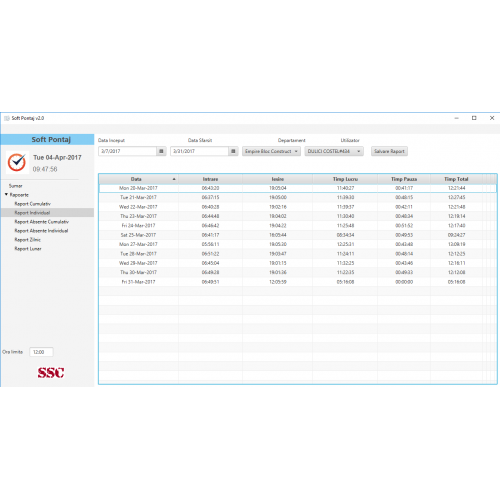 Software Pontaj Romana - export in PPT si Excel - suporta Schimb de Noapte - Timp Lucru + Timp Pauza = Timp Total, Rapoarte Individuale, Cumulative, Zilnice, Periodice, Lunare