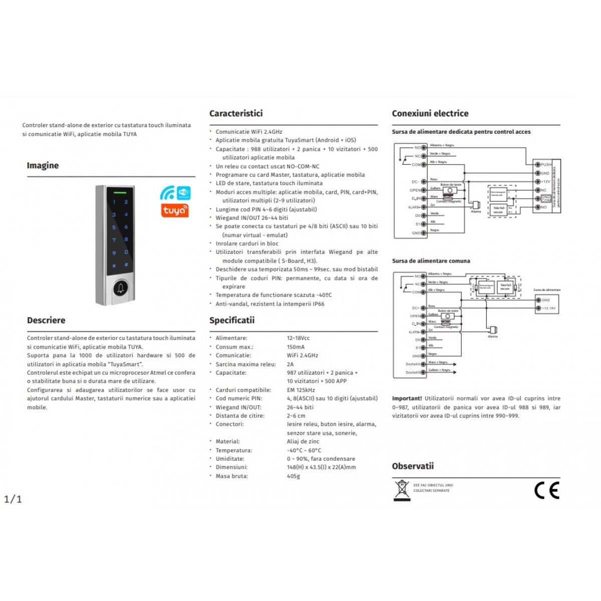 Controler de exterior cu tastatura touch si comunicatie WiFi - TUYA