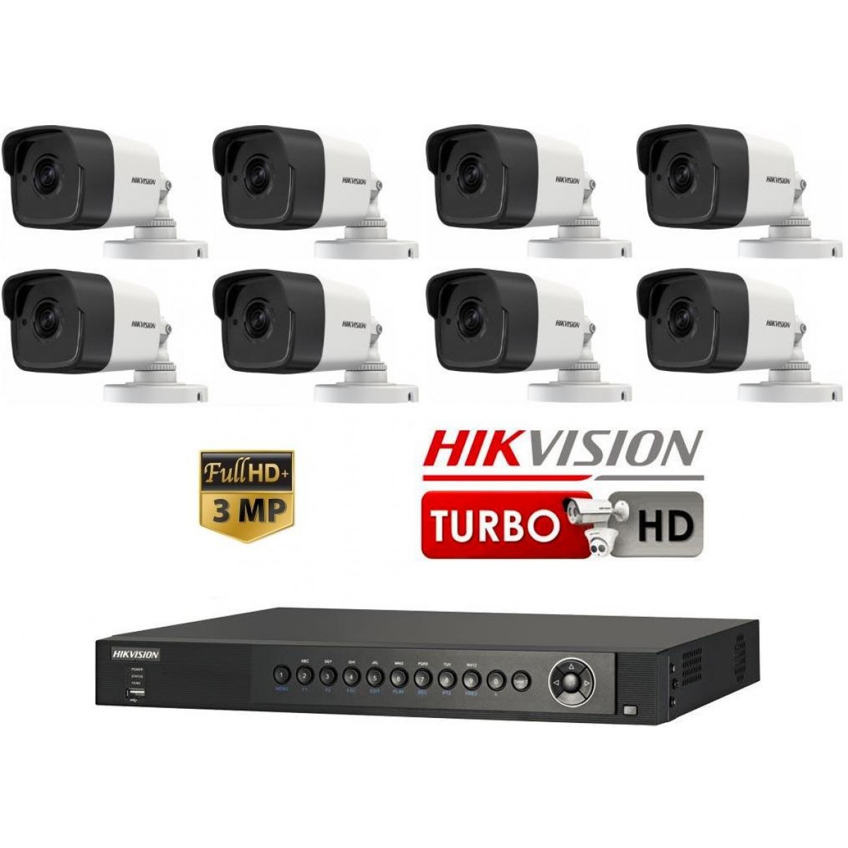 Kit DVR + 8 camere supraveghere video Hikvision 3 Megapixeli TurboHd IR20m