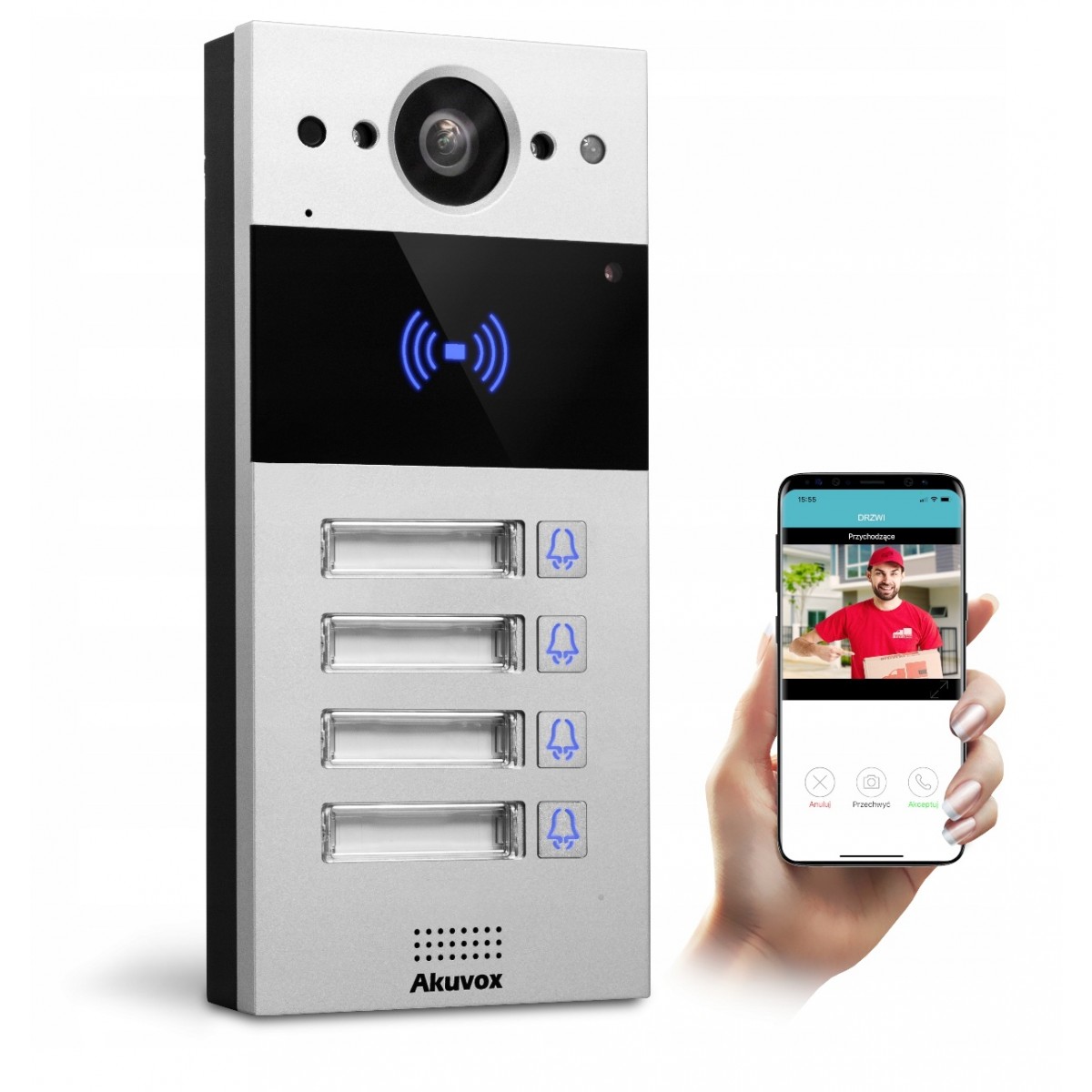 Akuvox - Post de apel video interfon IP, SIP pentru 4 abonati cititor RFID Mifare 13.56Mhz / NFC si EM125KHZ IP65