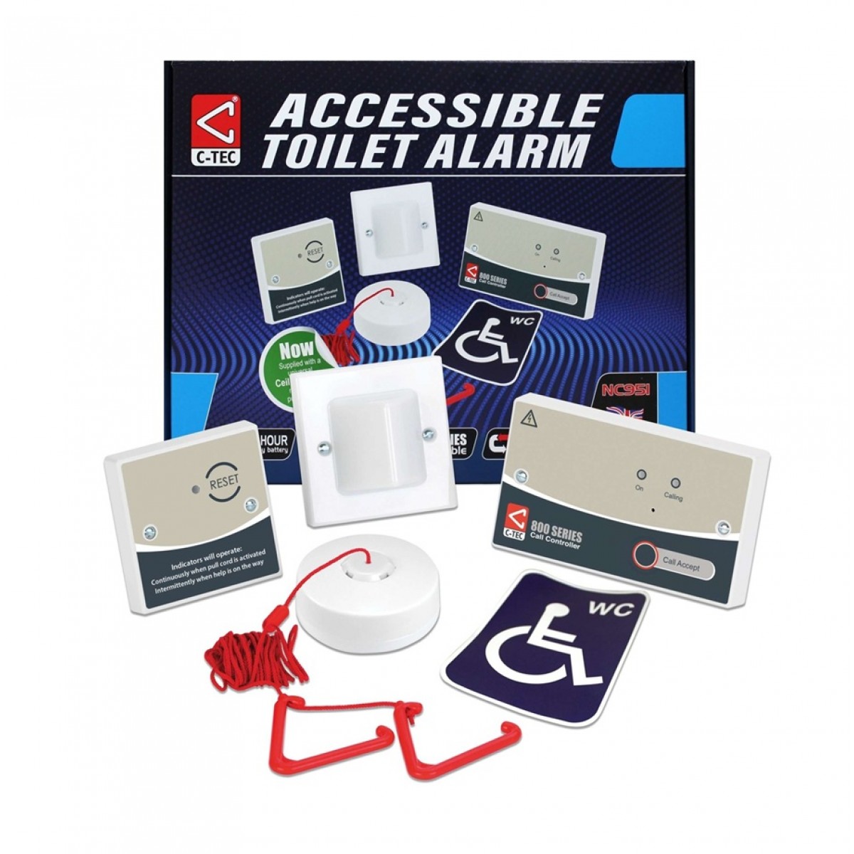 Kit de alarma pentru toaleta ( C-Tec - Nurse Call) - cablat - 1 zona - extensibil la 3 butoane