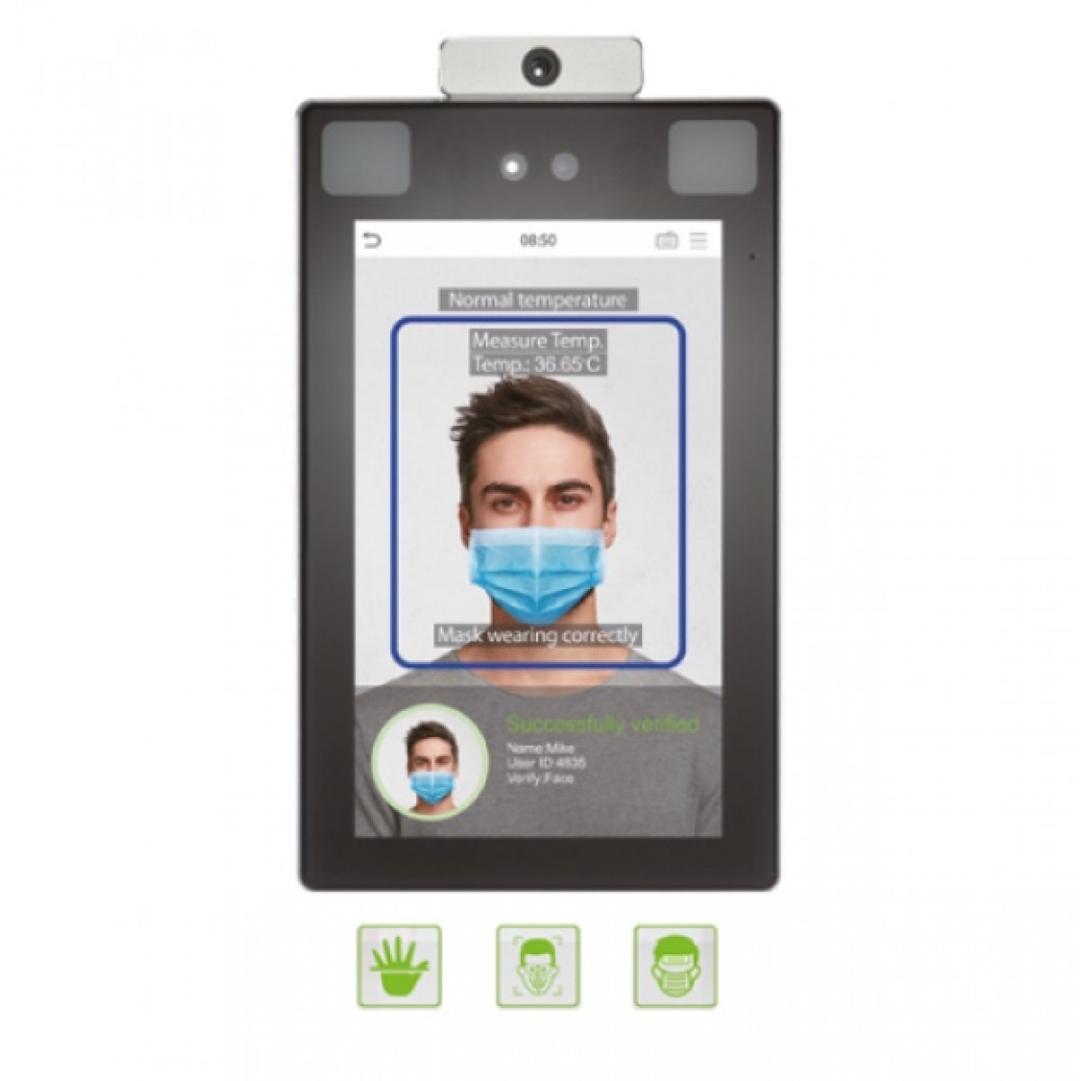 Terminal control acces biometric cu recunoastere faciala, palma, amprenta si detectie masca si temperatura Terminal control acces biometric cu recunoastere faciala, palma, amprenta si detectie masca si temperatura